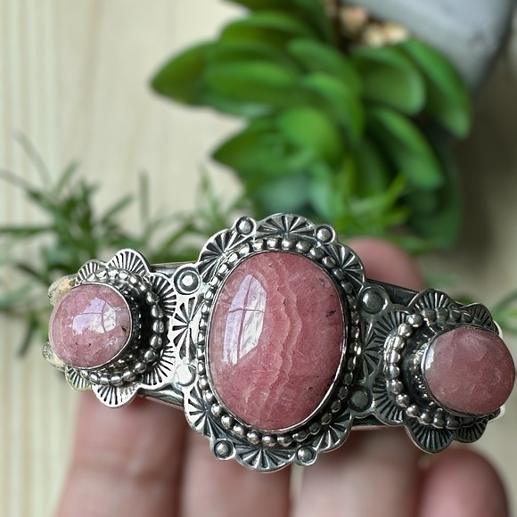 VTG Irv Monte Navajo Cuff Bracelet Size 6 Pink Rhodochrosite Cabs Sterling 43.7g - Picture 8 of 10